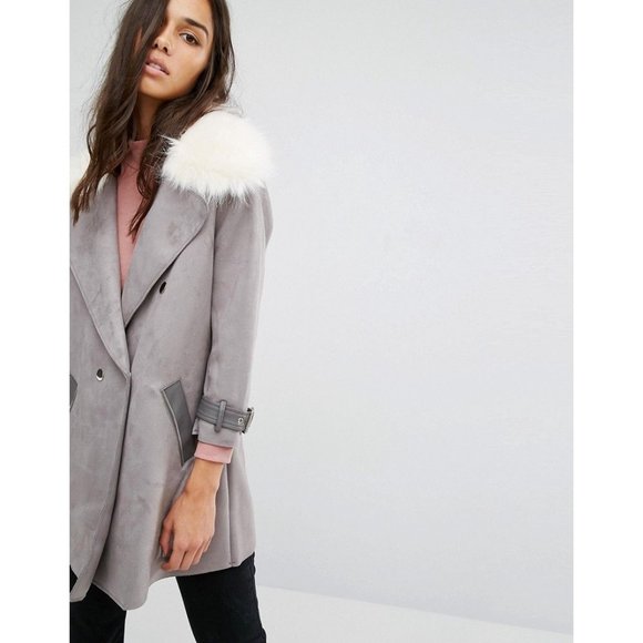 River Island Womens Suedette Coat Faux Fur Collar Double Breasted Gray Size 10 - Picture 2 of 11